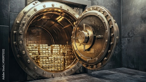 A large steel bank vault door slightly open, revealing stacks of gold bars and cash inside.