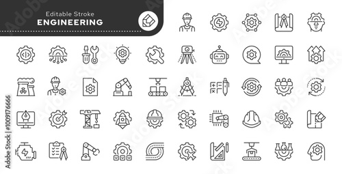 Engineering line icon set. Blueprint, engineer, engineering technology, design, project, production, construction, manufacturing and more. Outline vector icon in linear style. Pictogram collection. 