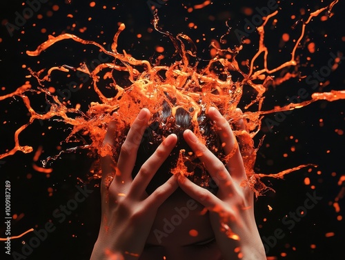 Dynamic splash of orange liquid reveals a sense of chaos and emotional release.