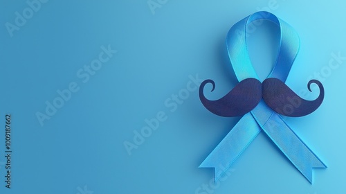 Blue ribbon with a mustache symbolizing awareness and support for men's health issues on November, set against a vibrant blue background