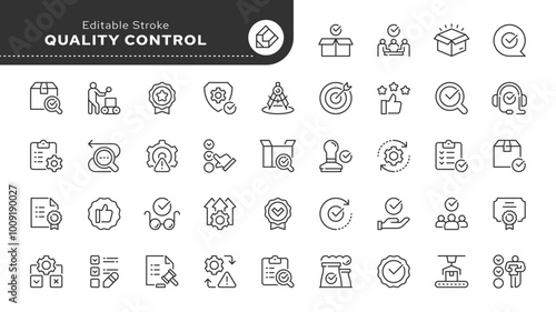 Quality control line icon set. Quality check, production, evaluation, checked, testing, assurance, inspection and more. Outline icon in linear style. Vector collection. 