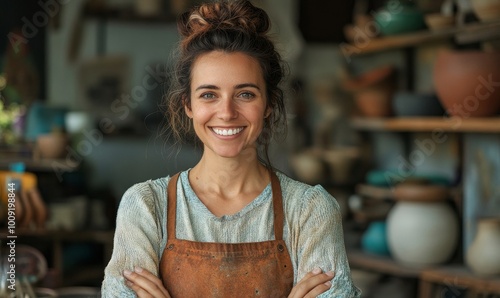 Successful female ceramist and entrepreneur standing in her shop, Generative AI