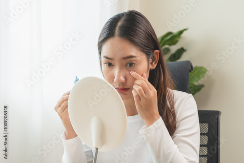 asian young woman using medical eye drops to treat dry eye and irritation.