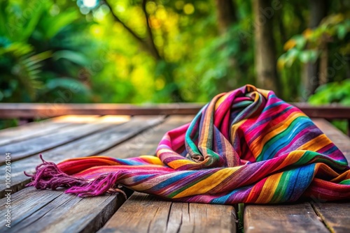 Elegant and Colorful Fular Draped Over a Rustic Wooden Table with Natural Background Elements