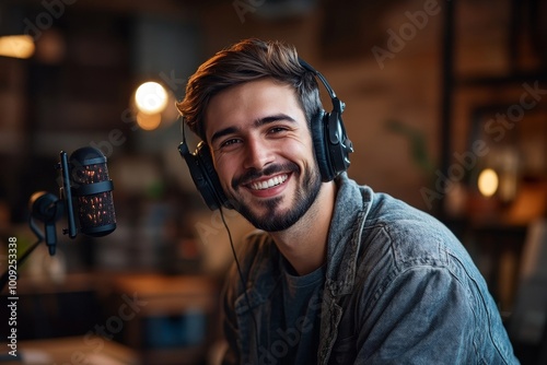 Happy young man hosting podcast show with headphones in modern studio, Generative AI