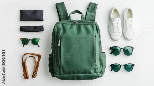 Green backpack and accessories on white background. Flat lay, top view. fashion and traveling accessories of men on flat lay composition. life style theme.