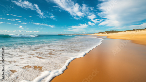 Na pięknej, piaszczystej plaży miękka niebieska fala oceanu powoli napływa na brzeg, pozostawiając za sobą wilgotny ślad na piasku. 