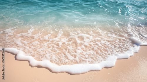 Na pięknej, piaszczystej plaży miękka niebieska fala oceanu powoli napływa na brzeg, pozostawiając za sobą wilgotny ślad na piasku. 