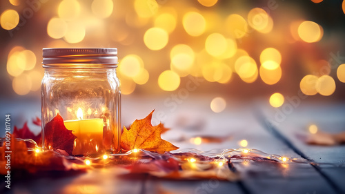 glowing mason jar lantern surrounded by autumn leaves creates warm, inviting atmosphere. soft bokeh lights in background enhance cozy feel of this seasonal scene