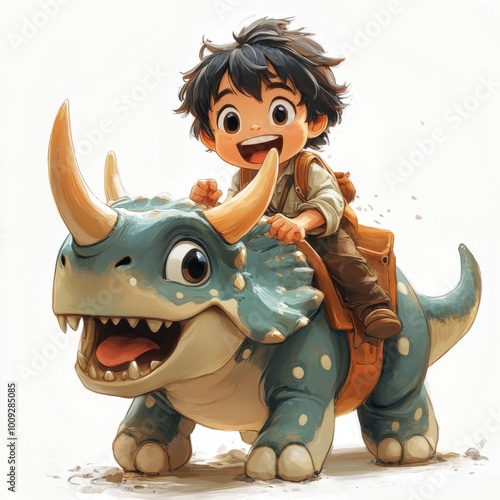 A cartoon character of a small boy joyfully riding on a big Triceratops - A quadrupedal herbivore with a large frill, three facial horns, and a sturdy body. both centered on a white background. 