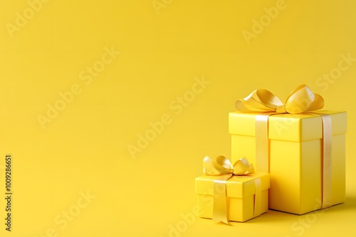 yellow gift box of present with ribbon and bow, surprise packaging