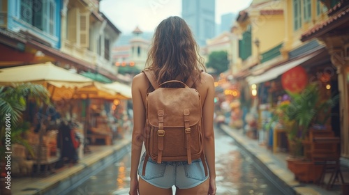 Rearview of a young woman with a stylish backpack walking the bustling streets