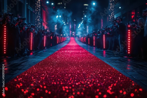 a glamorous red carpet rolled out for a movie premiere bustling with paparazzi and flashes creating an atmosphere of stardom