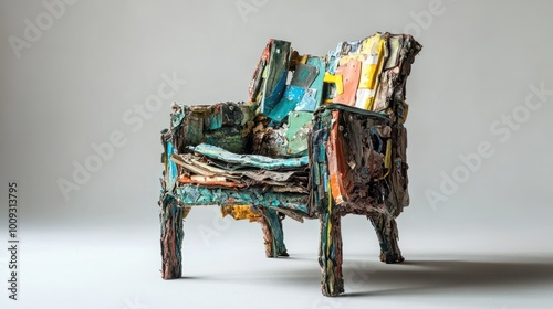 A chair assembled from a variety of discarded materials found in trash heaps, Showcase the diverse range of materials that can be recycled and repurposed