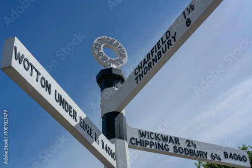 Old traditional style crossroads signpost in Gloucestershire, England, United Kingdom