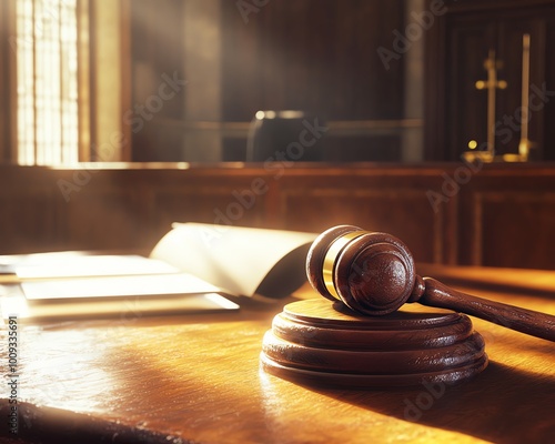 Gavel on wooden table in courtroom setting.