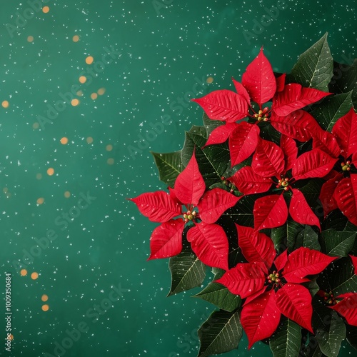 Vibrant red poinsettia flowers on a green background with golden speckles.