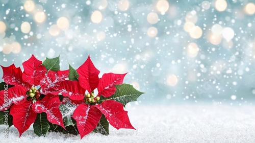 Vibrant poinsettia flowers with snow and blurred festive lights in background.