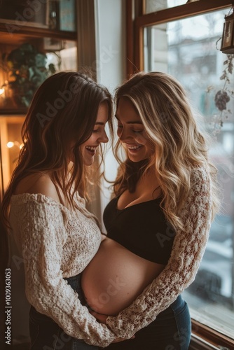 Excited young woman listening to her wife's belly bump, Generative AI