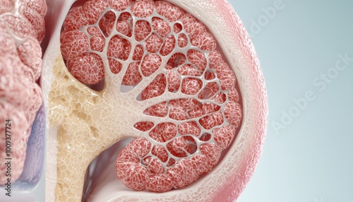 A 3D view of the kidney's internal anatomy, with the renal pyramids, renal papilla, and calyces clearly displayed inside a cutaway model.