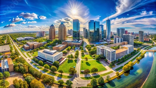 Scenic View of Plano Texas Skyline with Modern Architecture and Clear Blue Sky in Daylight