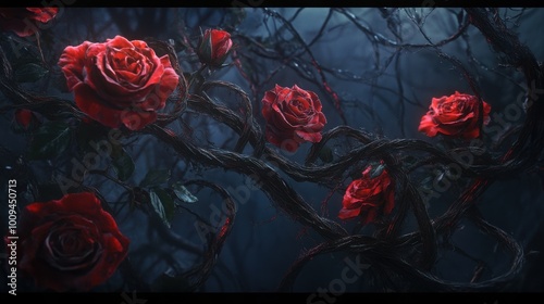 A dark and moody image of red roses blooming on twisting vines, with a deep blue background.