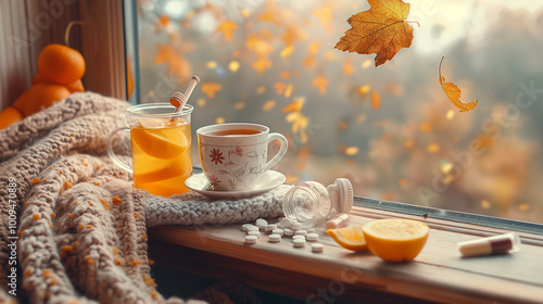 A warm scene of a person sitting by the window with a blanket, holding a cup of herbal tea with lemon and honey. On the table next to them are cold medications, including tablets, throat lozenges