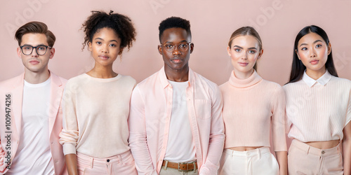 Group of multiethnic young people wearing soft pink urban streetwear. Stylish multiracial people on pink background