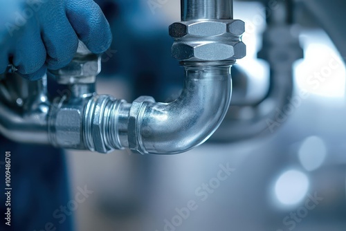 Plumber tightening a pipe with a wrench under a sink, plumbing work, close-up of hands in repair process