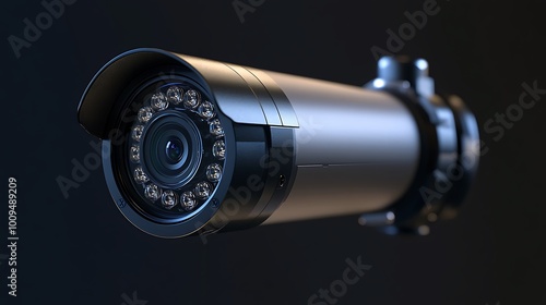 a cylindrical bullet camera, commonly used outdoors. The camera is weather-resistant, with a clear lens and visible infrared LEDs for night vision. The housing is metallic