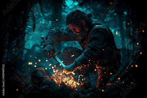 A Dark-Haired Man Sharpening a Sword by a Campfire in a Forest