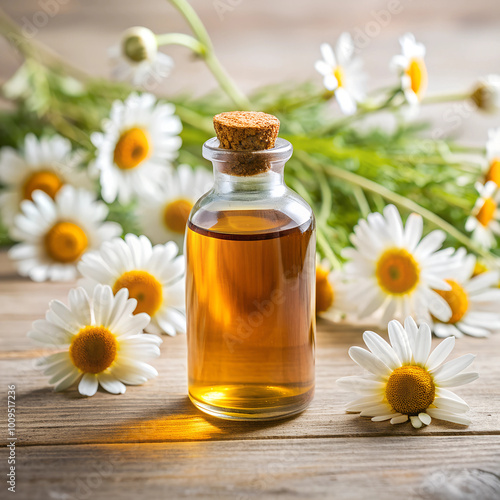 A glass bottle of chamomile essential oil is surrounded by delicate chamomile flowers, symbolizing calmness and natural healing.