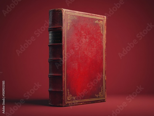 Book mockup vintage red book with ornate detailing, set against a rich burgundy background, perfect for literary or historical themes.