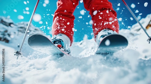 The close-up shows a skier's feet and skis quickly slicing through snow, with the dynamic action emphasizing speed and skill in a high-energy alpine environment.