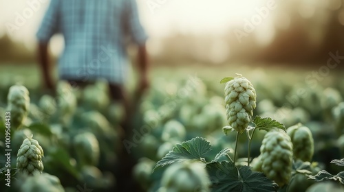 A close-up image of hops growing abundantly in a sunlit field, with a farmer in the background symbolizing agriculture, harvest, and the beer brewing process.