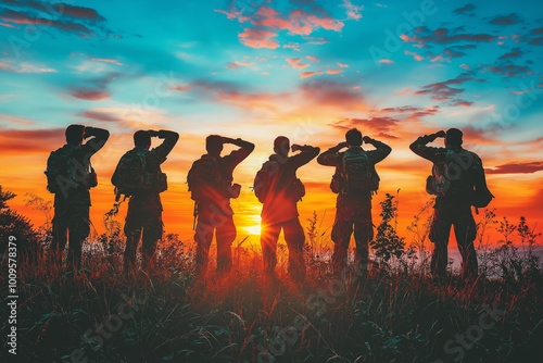 A group of soldiers standing at attention, saluting the sunrise, symbolizing unity, honor, and the strength of military service in a peaceful moment, Generative AI