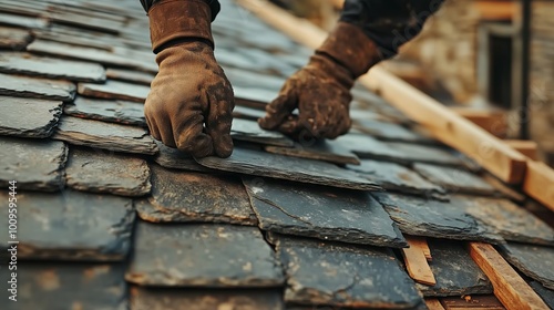 Construction worker installing slate roof tiles on house