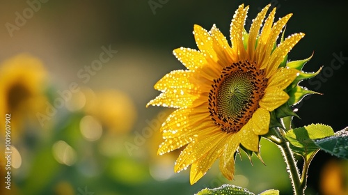 A close-up of a sunflower with raindrops from the previous night glistening in the morning sun, capturing nature s beauty