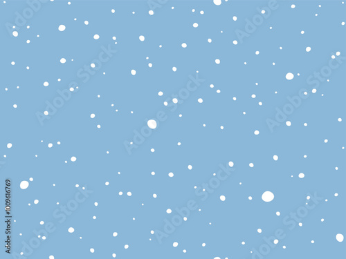 Snow Flakes background. Cold Snowy winter Holiday Background. White falling random flake on Blue. Simple Natural snowfall texture. Vector illustration. Dotted pattern for Package wallpaper design