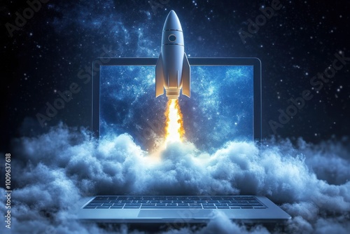 Rocket taking off from laptop amid celestial clouds