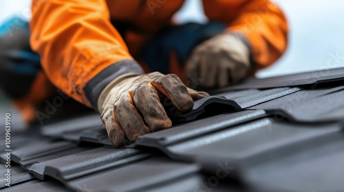 A close-up of a worker's hands meticulously laying shingles on a rooftop, showcasing teamwork, precision, craftsmanship, and hands-on construction work.