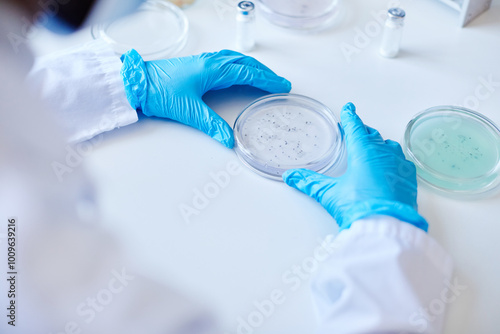 Top view of unrecognizable biochemist hands in blue gloves culturing bacteria in petri dish while developing new pharmaceuticals in laboratory of manufacturing company, copy space