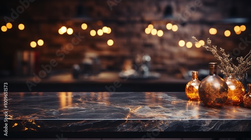 Empty black marble stone table for product display top on blurred with bokeh Exercise room .