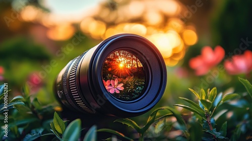 Camera lens capturing a sunset through flowers.