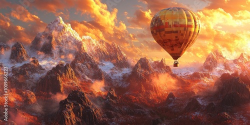 a hot air balloon flying over a mountain range