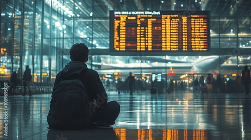 airport terminal scene featuring a weary traveler looking at delayed flights on a departure board representing travel stress and inconvenience caused by flight disruptions