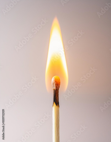 Close-up of a burning matchstick with a flame against a clean white background. Concept of fire, ignition, light, and heat. Copy space 