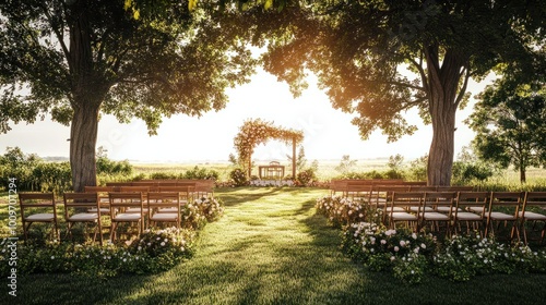 Setting for outdoor wedding ceremony with seating places for guests in picturesque location.