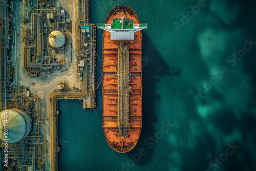 Drone footage of oil tanker and cargo ship at petrochemical storage facility - aerial view of energy transport industry