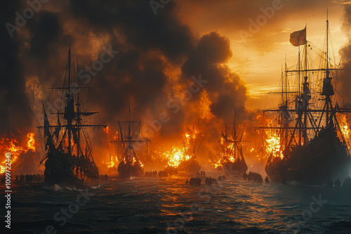 Spanish Armada's Demise: Capturing the Destruction of Ships by English Artillery in 1700s